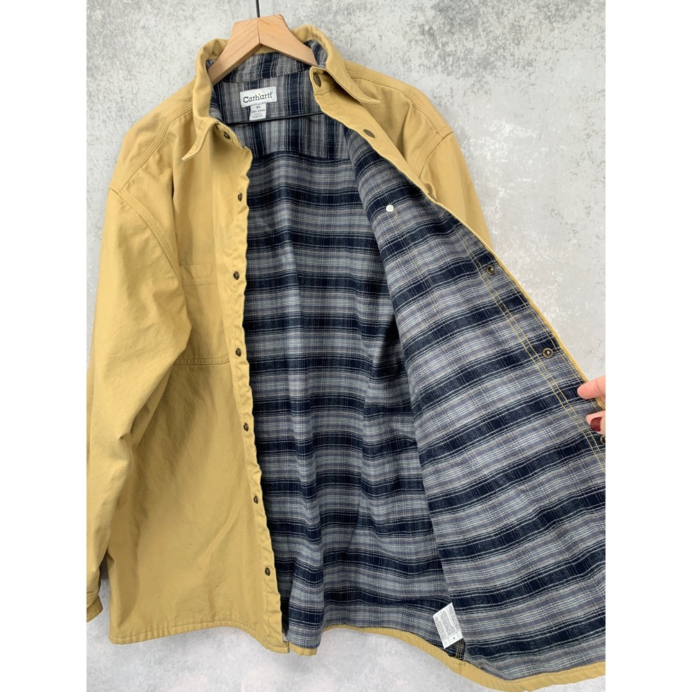 Carhartt Jacket Mens XL Tan Plaid Flannel Lined Canvas Workwear Shacket S296
